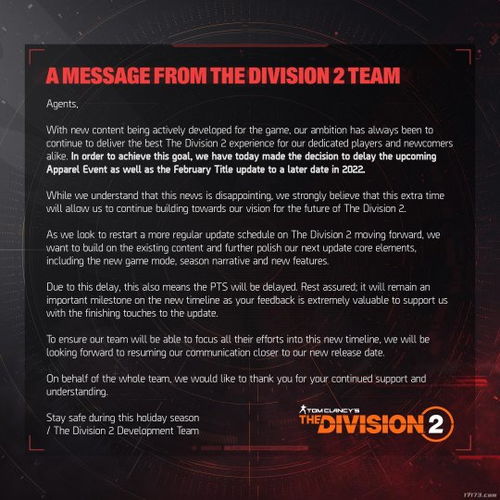 《全境封锁2》8人副本宣布跳票 延期至5月上线